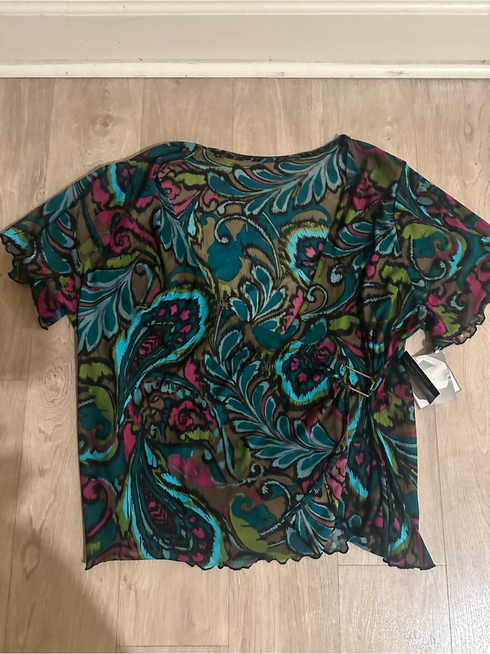 Sag Harbor Olive Paisley Short Sleeve Blouse with Teal & Pink Accents